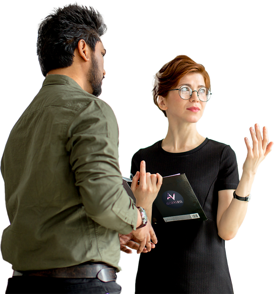 Two colleagues discussing a beverage brand