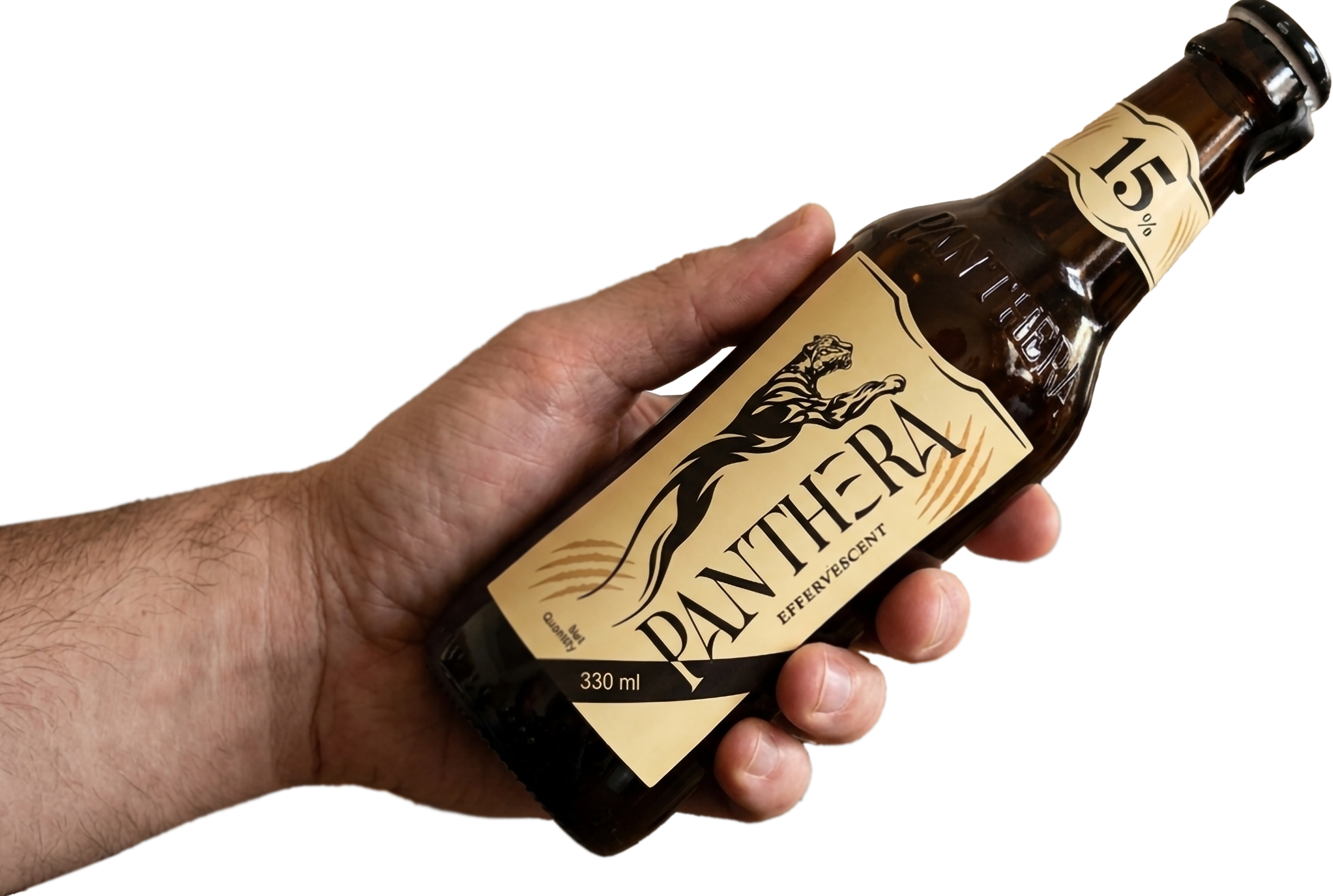 A hand holding a bottle of Panthera